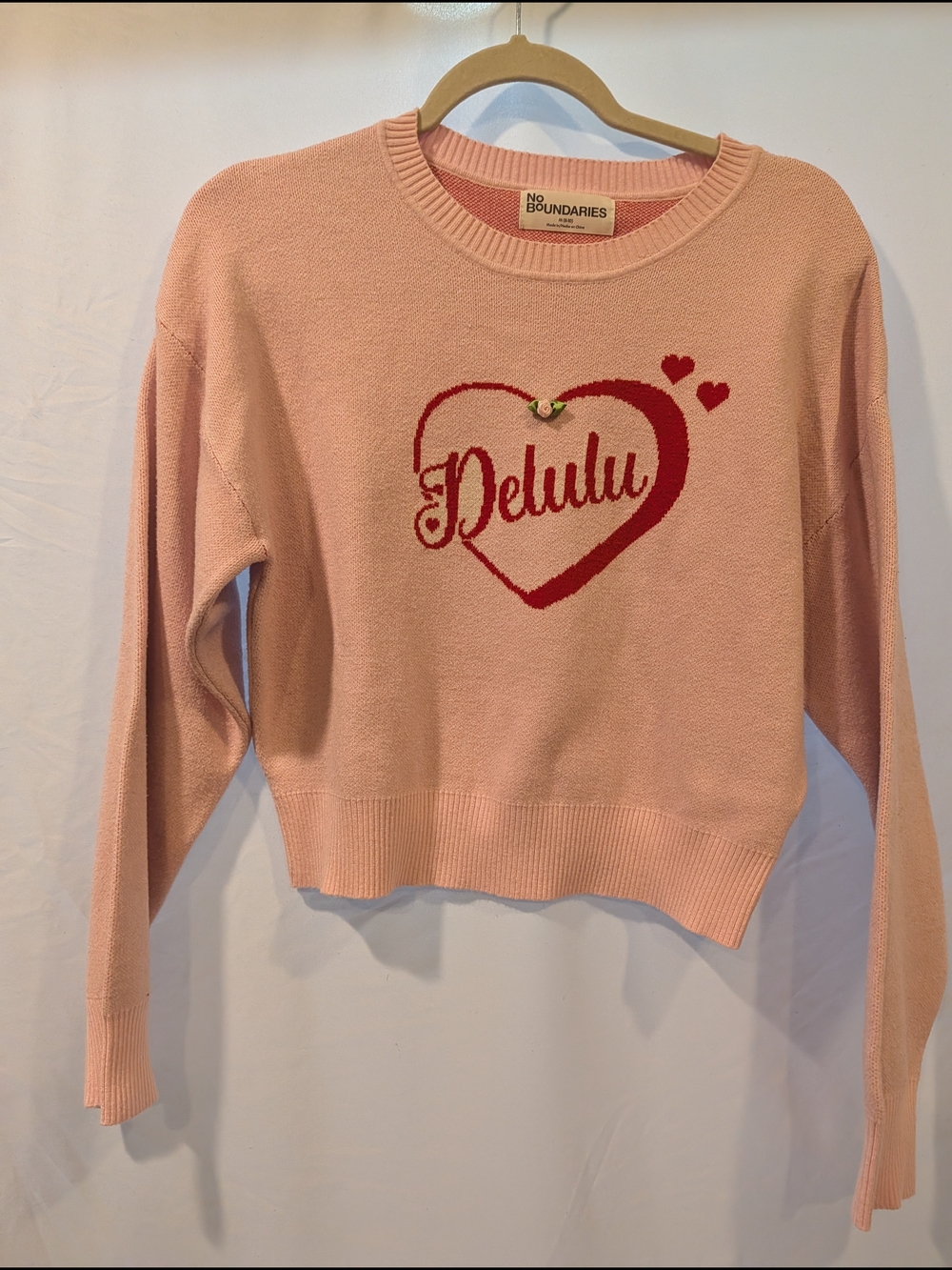 No Boundaries Pink Crewneck Sweater Red Heart Delulu Girls M